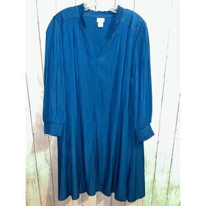 Chicos 3 Womens Teal Blue 3/4 Sleeve V Neck Shift Dress Lined Satin XL Knee